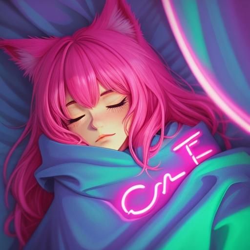 Cute Catgirl Sleeping: Synthwave Neon Portrait
