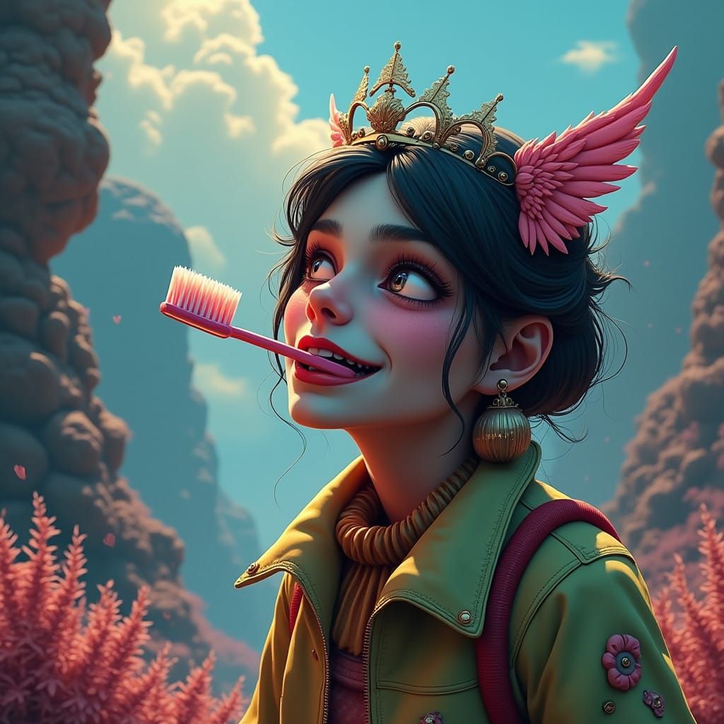 Regal Woman Surprises with Toothbrush Trickery in Futuristic...