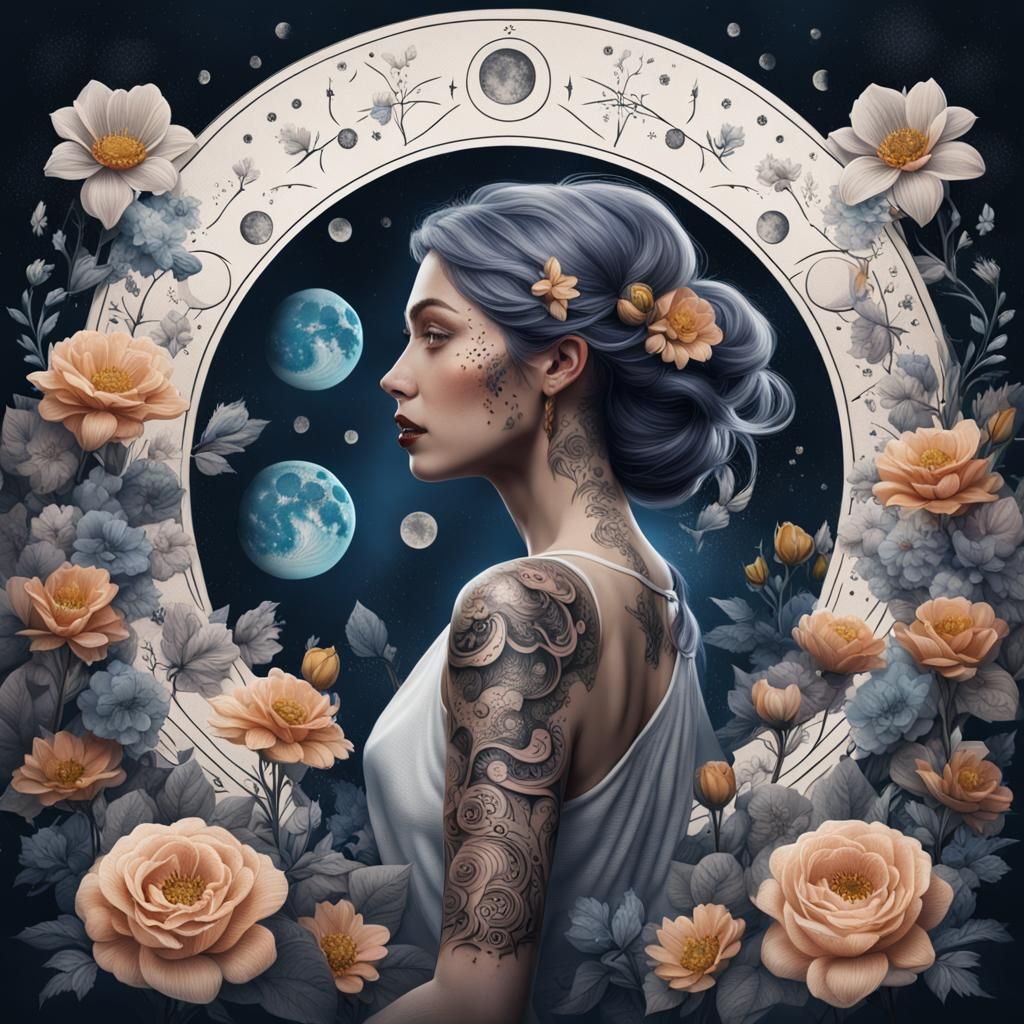 Moon Phases and Flowers Tattoo Design