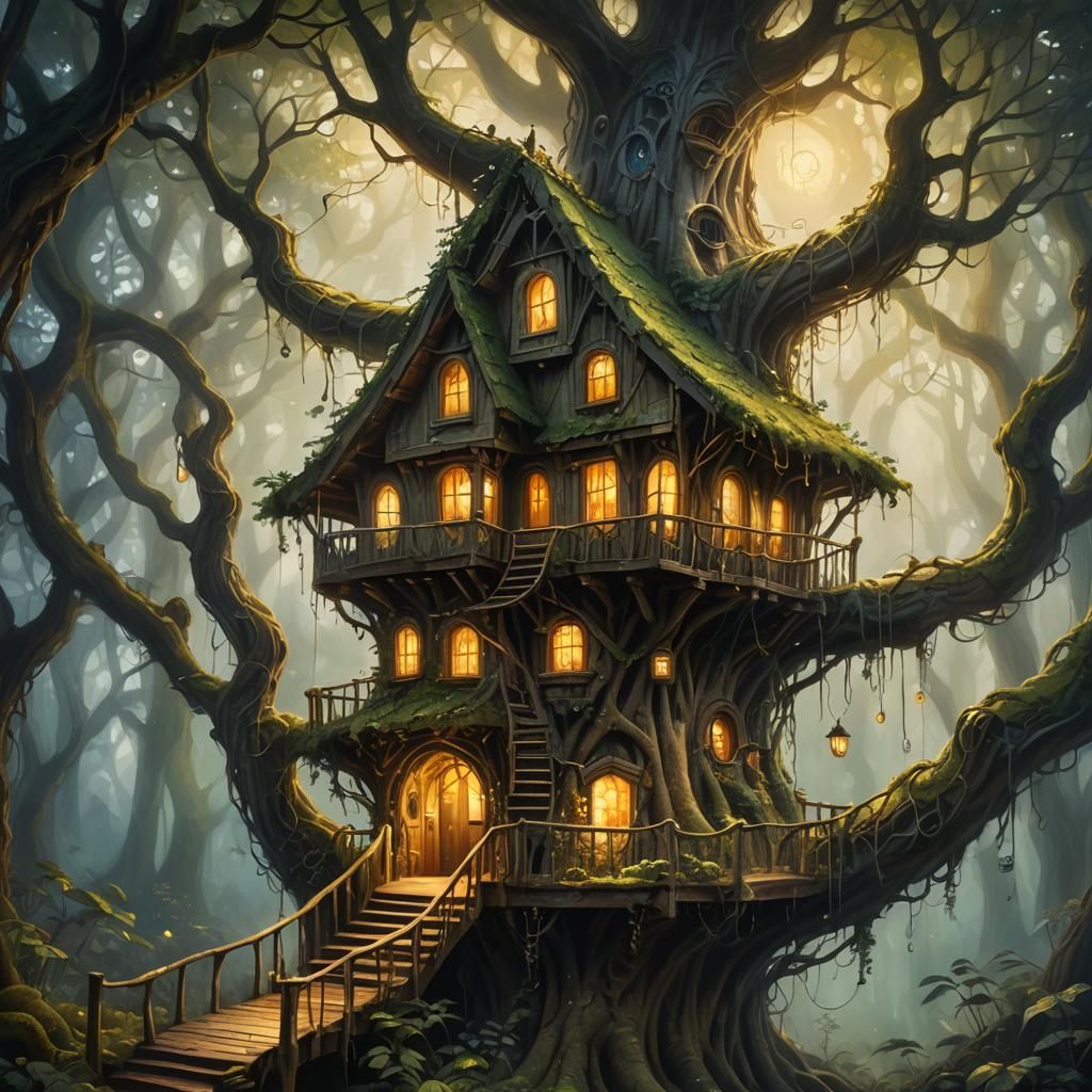 Enchanted Treehouse in Misty Forest, Golden Hour