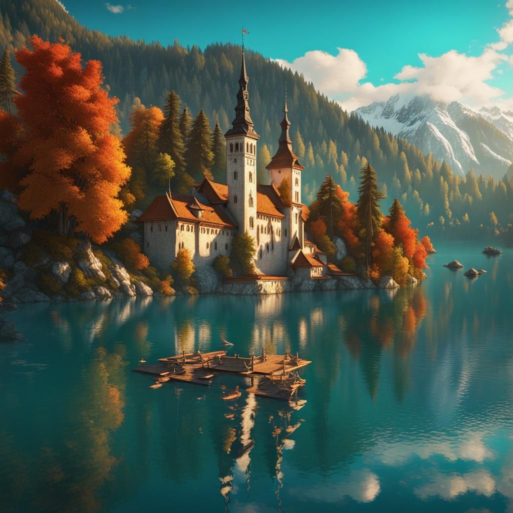Lake Bled Concept Art in Art Nouveau Style
