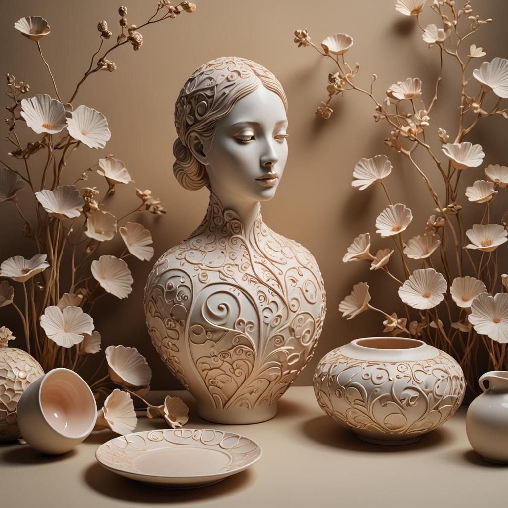 Ethereal Ceramic Woman Dissolving into Dreamscape