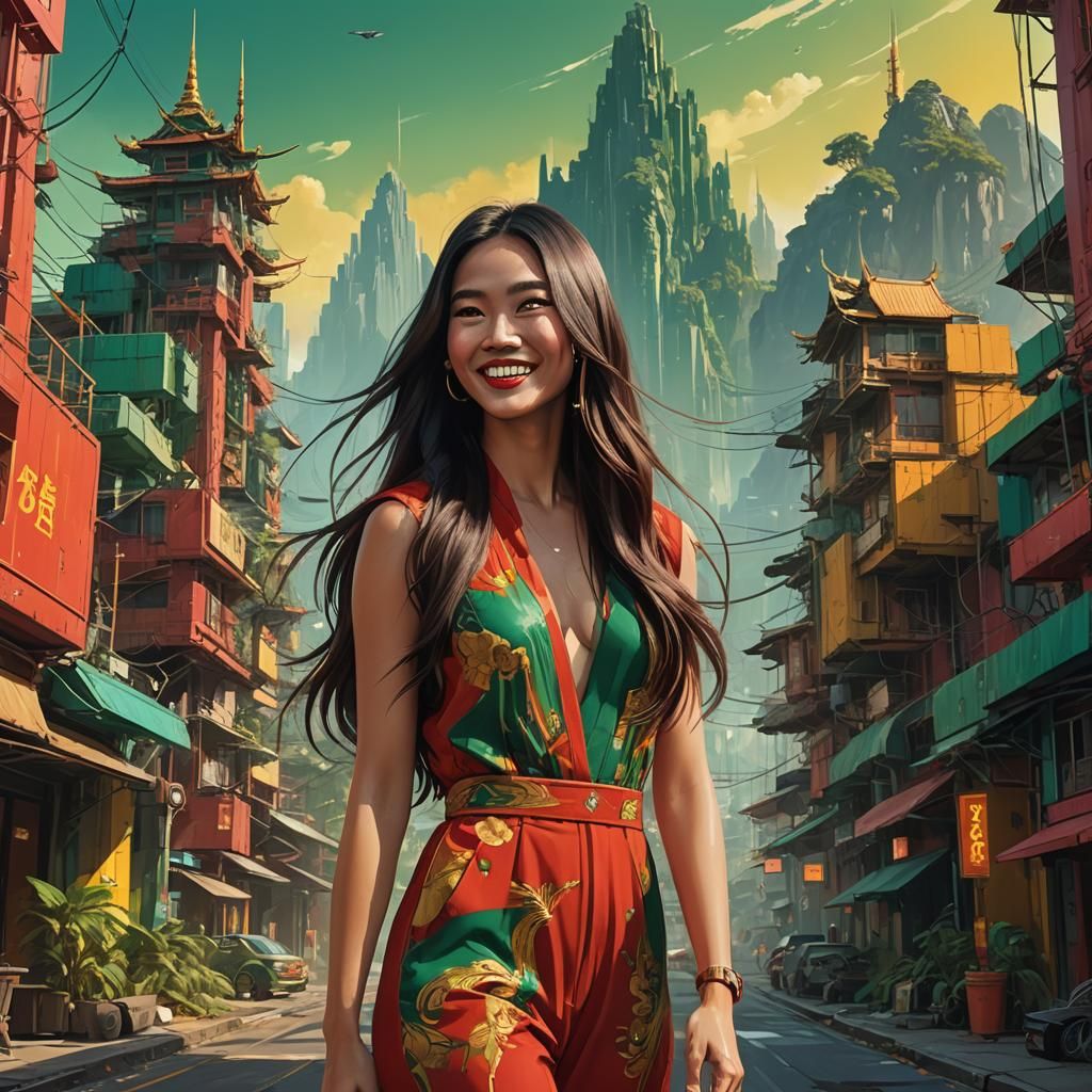 Thai Model in Red Jumpsuit: Fantasy Art
