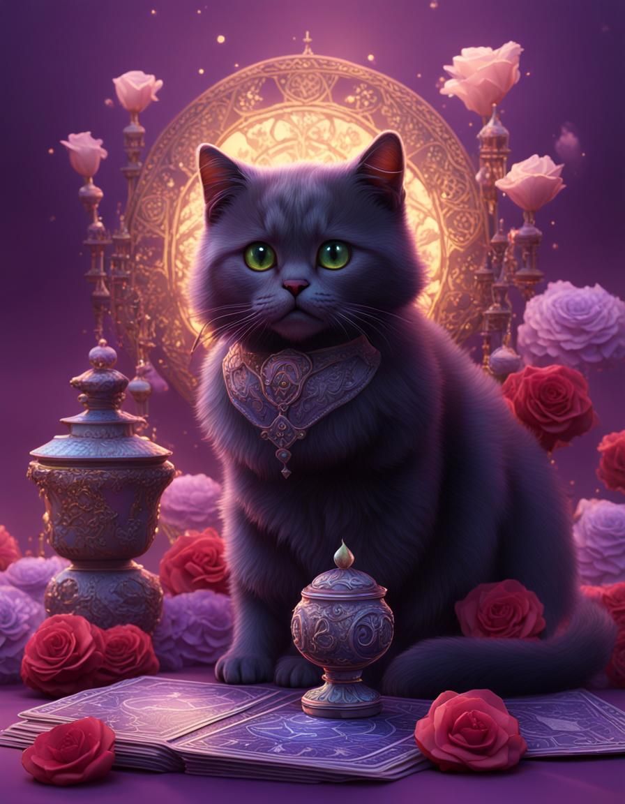 Kitten with Tarot Cards and Flowers: Fantasy Art
