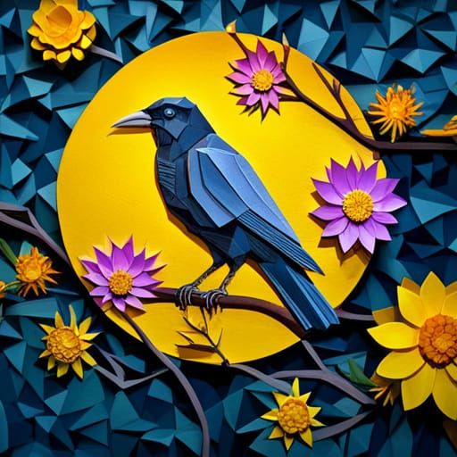 3D Paper Sculpture of Raven on Witch Hazel Tree