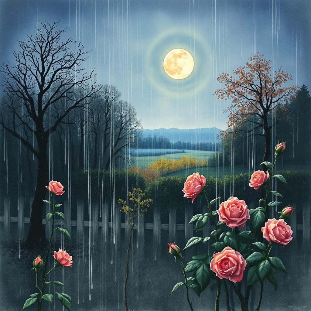 Rain-Swept Roses Under Moonlight: A Nordic Landscape