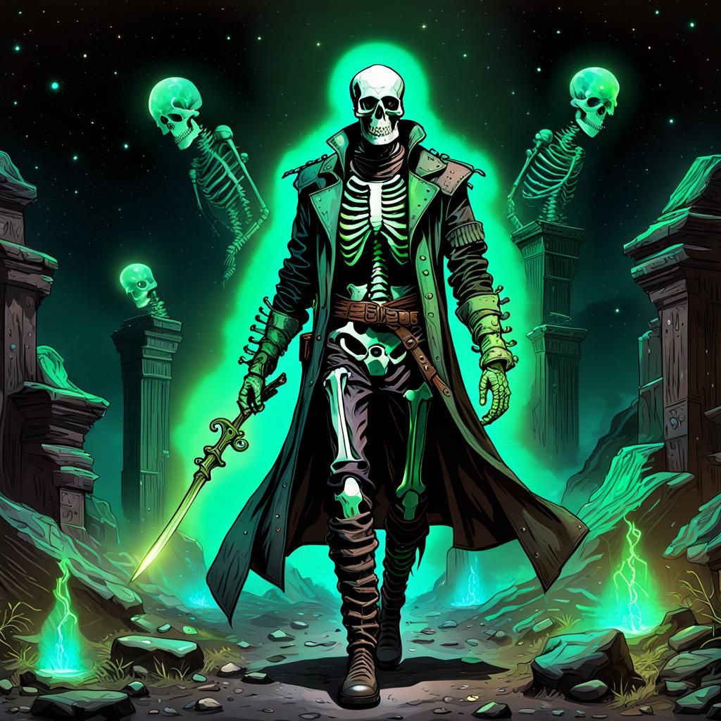Astral Skeleton with Green Aura, Pablo Amaringo Style