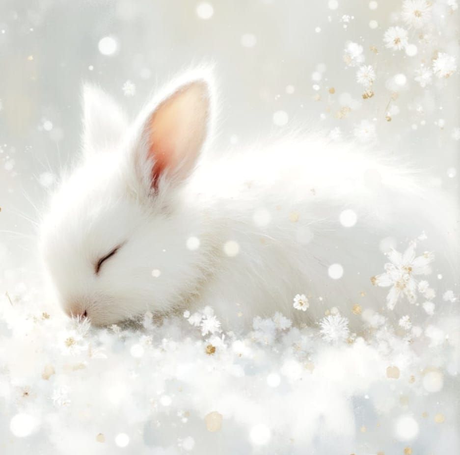 Dreamy Snow Bunny in Impasto Winter Scene