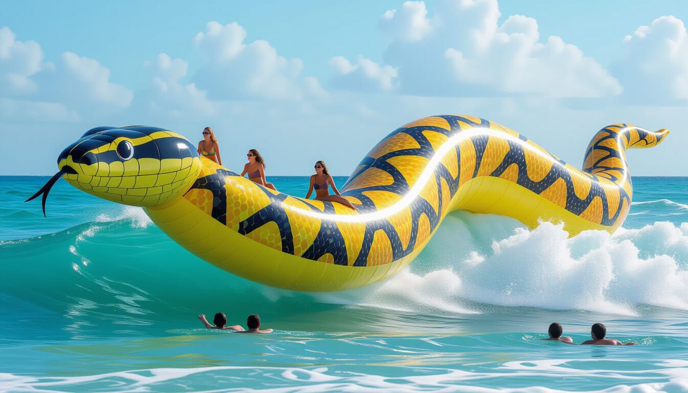 Giant Inflatable Snake Surfing a Tropical Wave