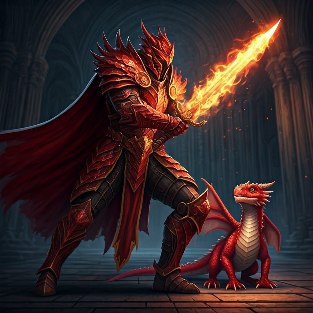Red Dragon Warrior with Flame Sword