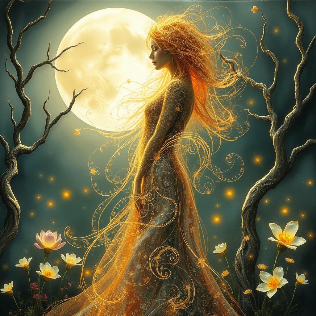 Ethereal Mist Woman in Surreal Moonlit Landscape