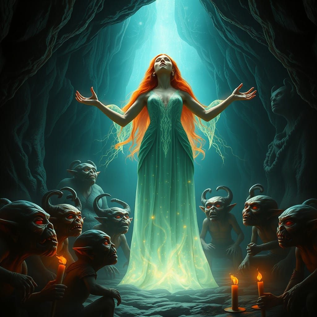 Ethereal Fantasy Goddess Illuminates Mysterious Cave