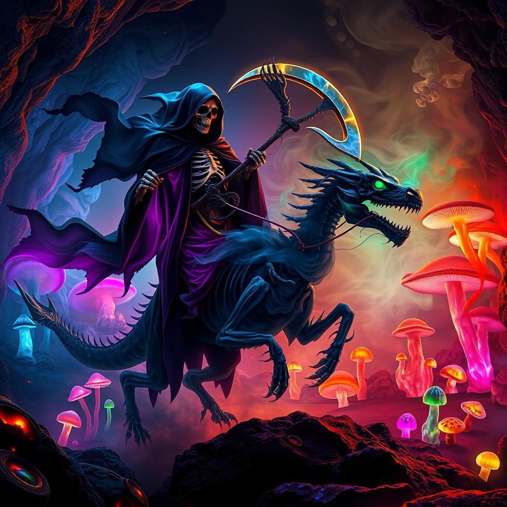 Grim Reaper Rides Dragon in Bioluminescent Cave