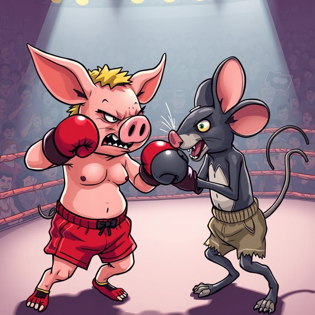 Cartoon Pig vs Mouse Boxing Match in Ring