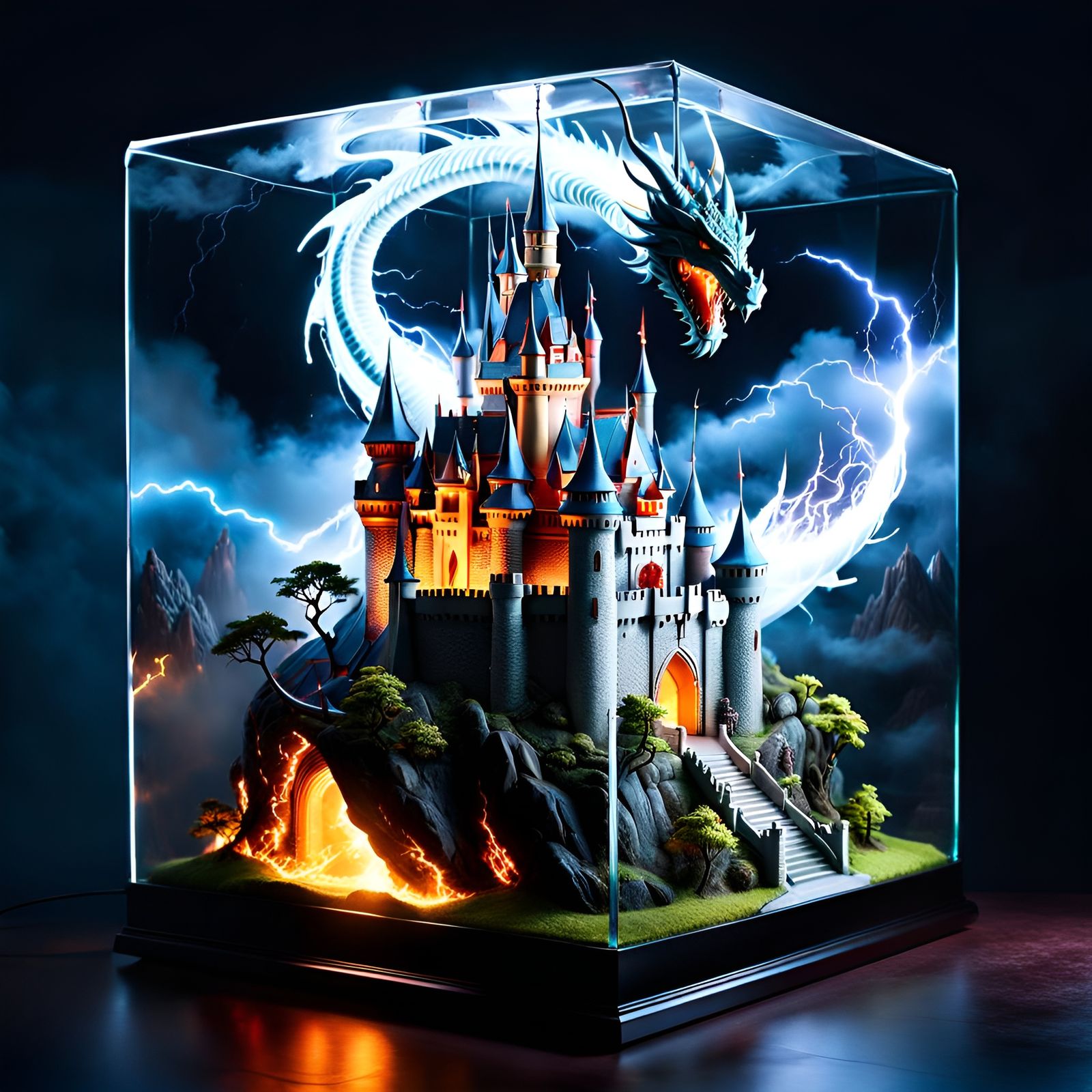 Glass Case Diorama with Dragon in Lightning Storm