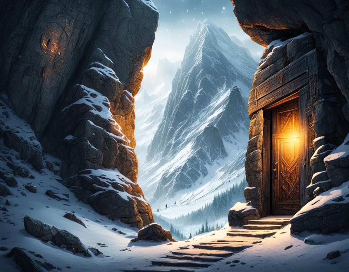 Hidden Mountain Door with Glowing Runes
