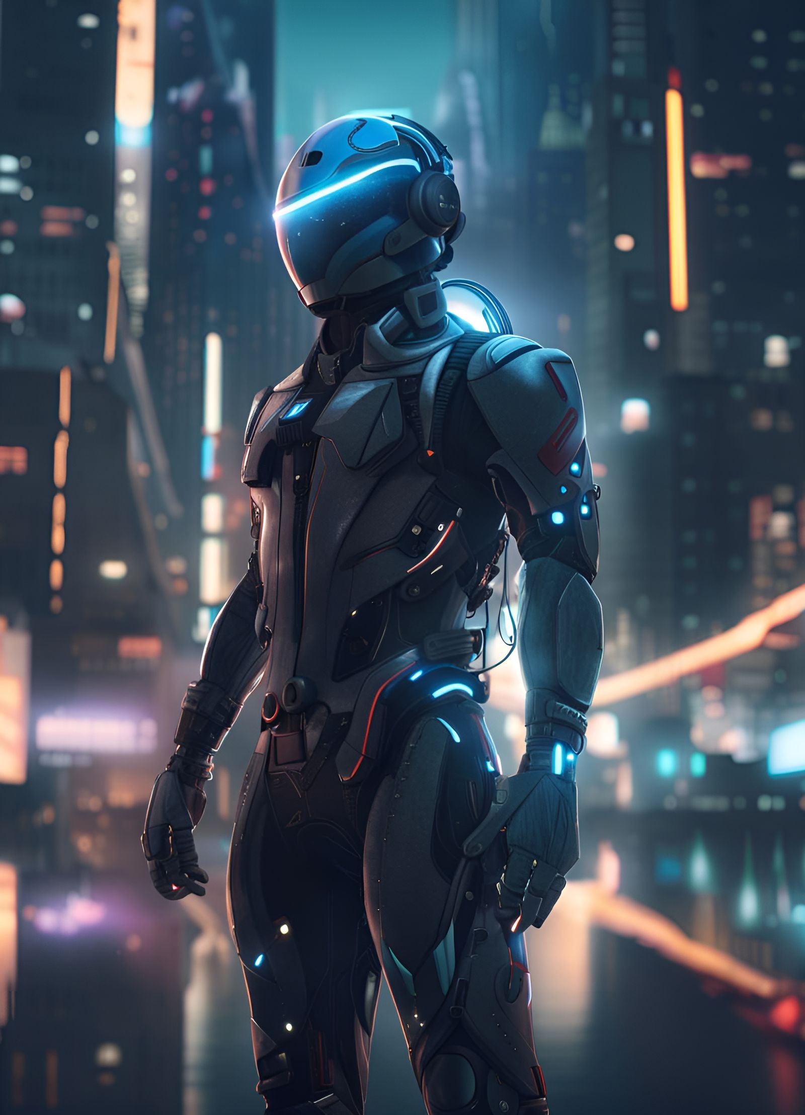 Futuristic Cyberpunk Figure in Cityscape