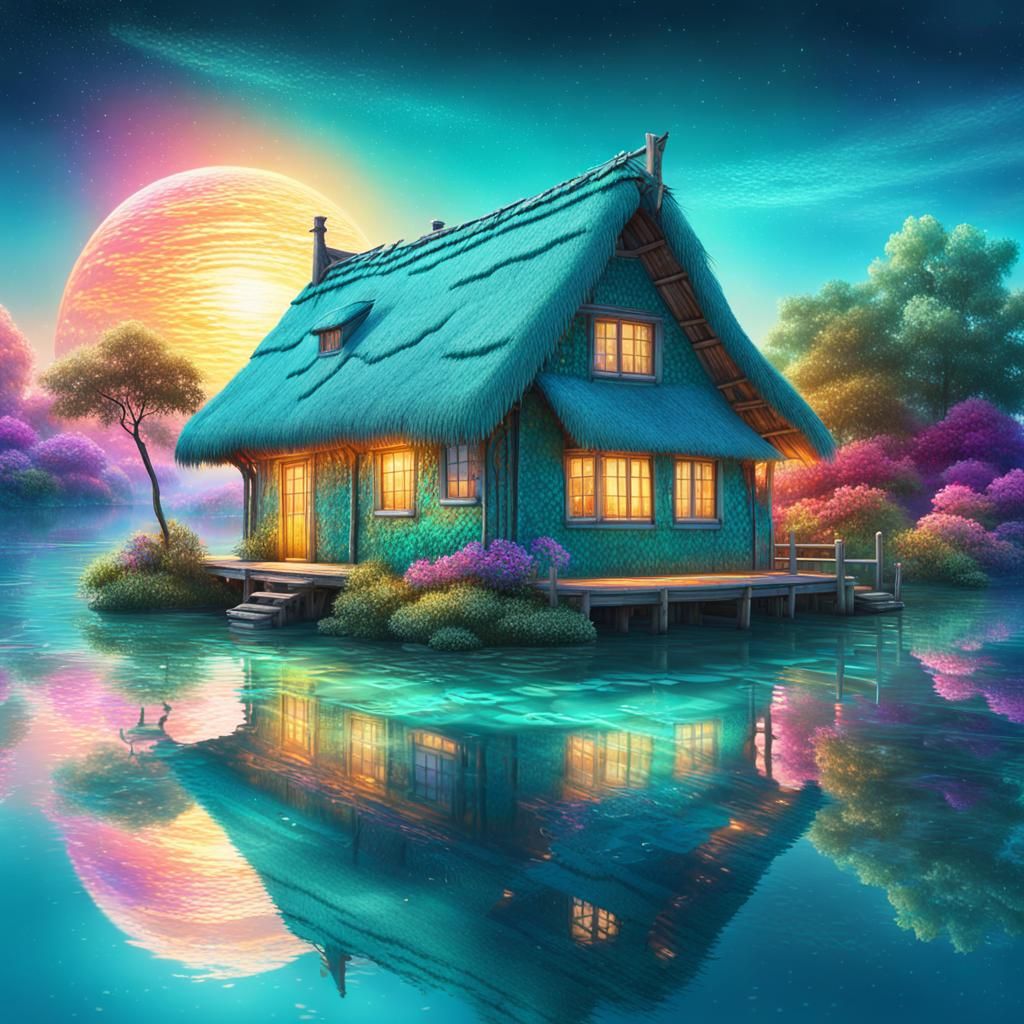 Cosmic Cottage in Turquoise Water: Astral Illustration
