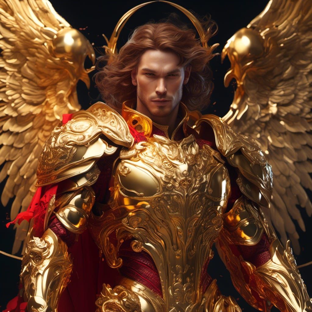 Aries Angel in Golden Armor: Hyperrealistic Illustration