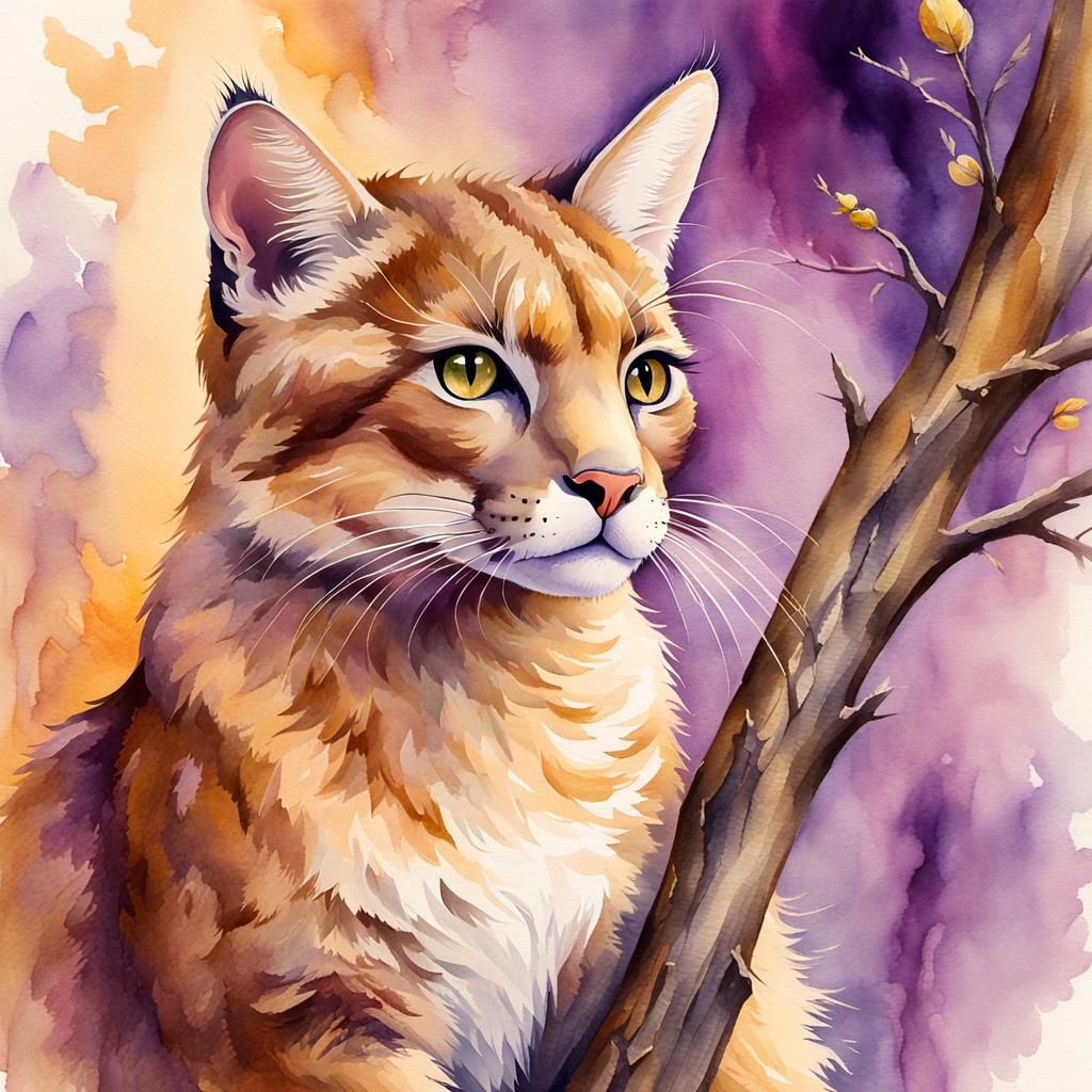 Puma in Tree: Beatrix Potter Watercolor Illustration