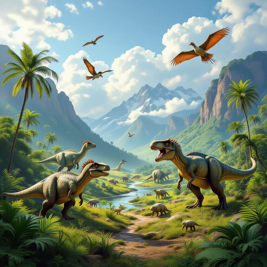 Jurassic Landscape Alive with Creatures: Textbook Style
