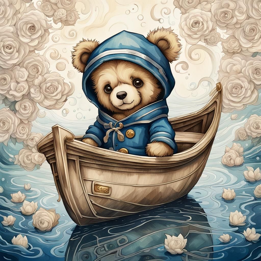 Chibi Teddy Bear in Boat, Anime Style Portrait