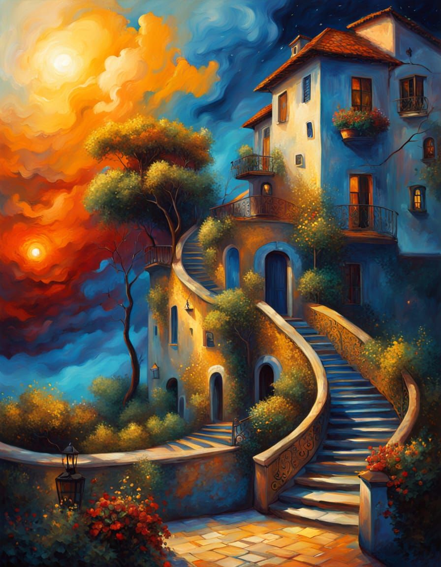 Surreal Golden Staircase with Winding Road and Sky