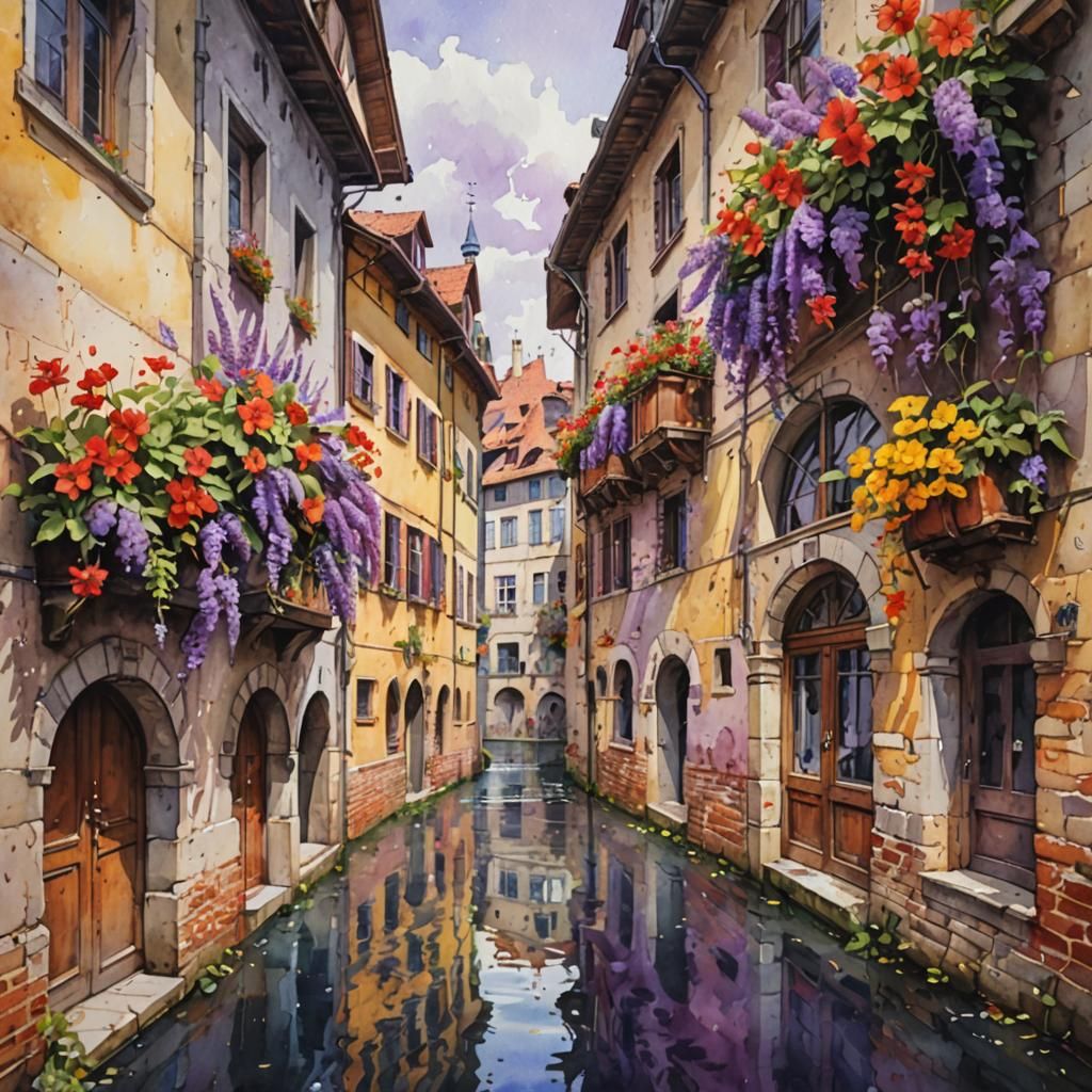 European Town Watercolor Painting with Flowers