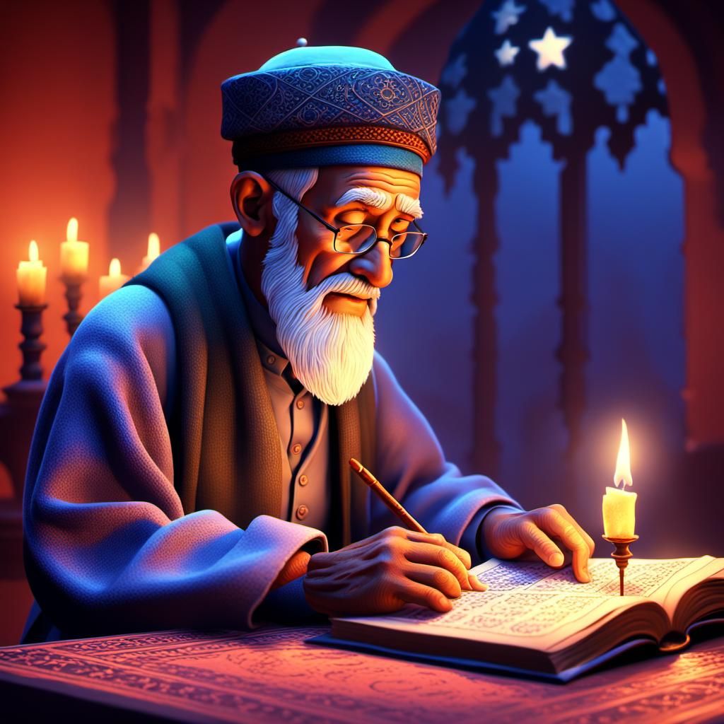Old Muslim Man Reads Quran: Pixar-Style 3D Art