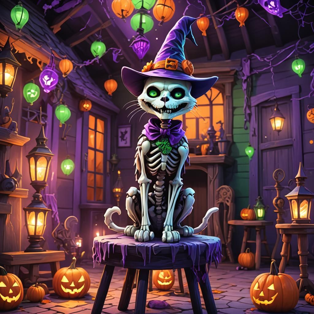 Spooky Skeleton Cat in Haunted House: 3D Digital Art