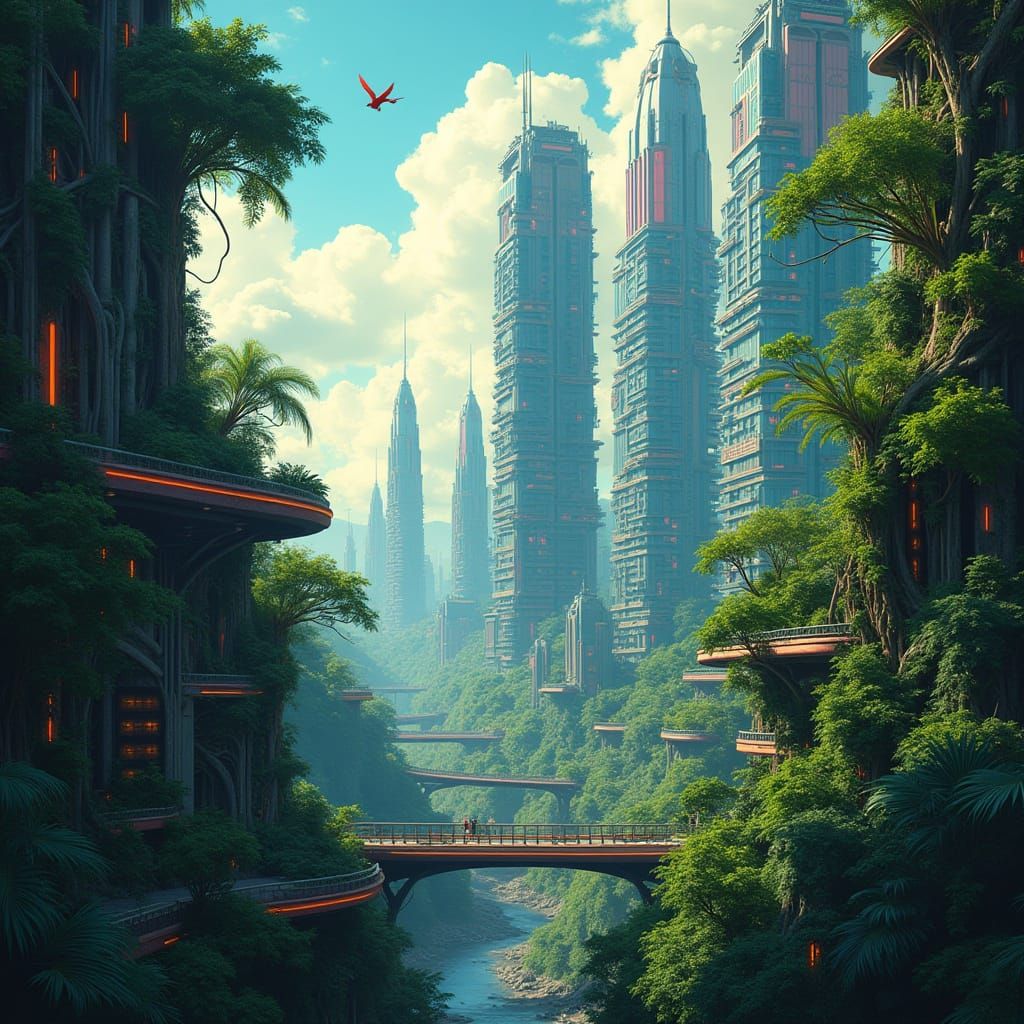 Dystopian Futuristic Cityscape Amidst Amazon Rainforest