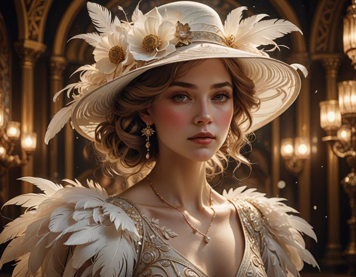 Art Nouveau Woman in Elegant Gown with Feathered Hat