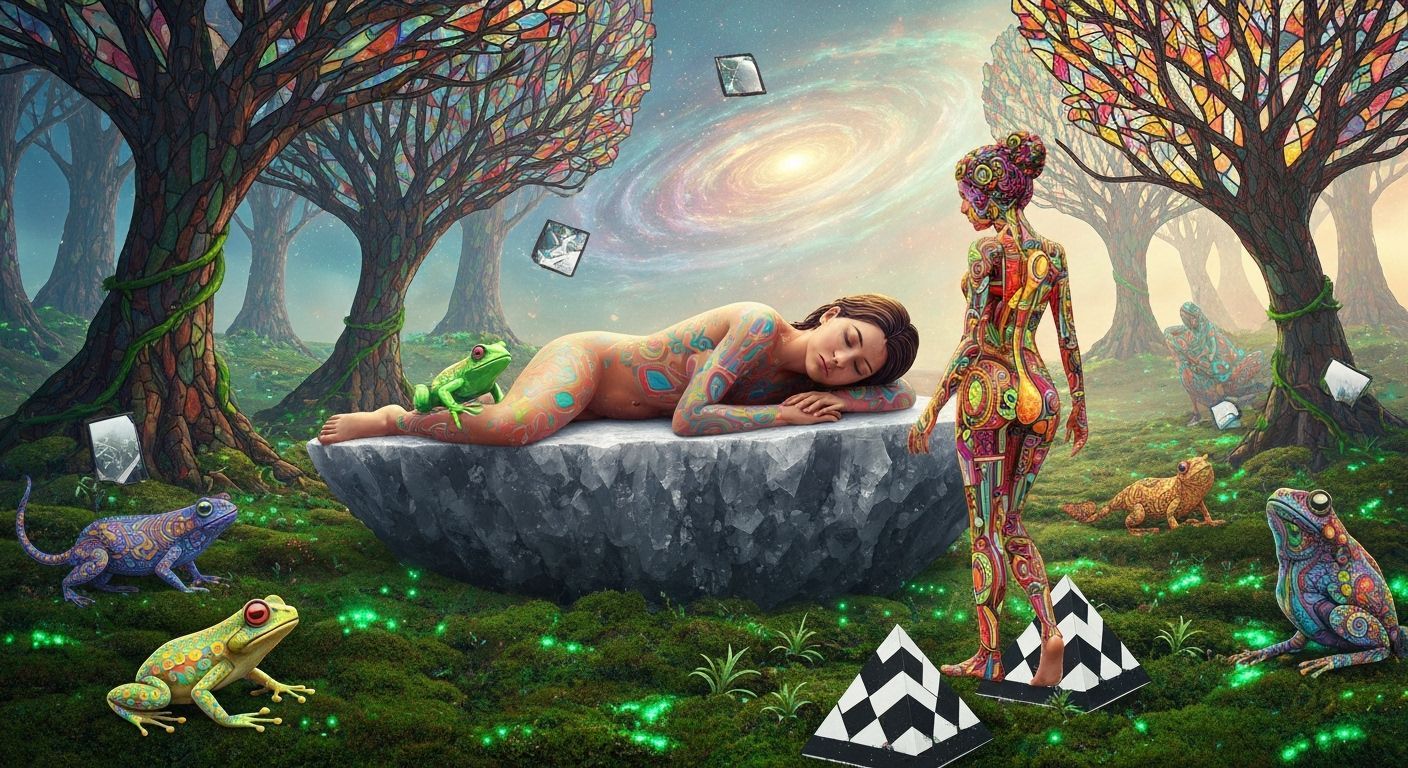 Dreamlike Geode Slumber in Bioluminescent Jungle