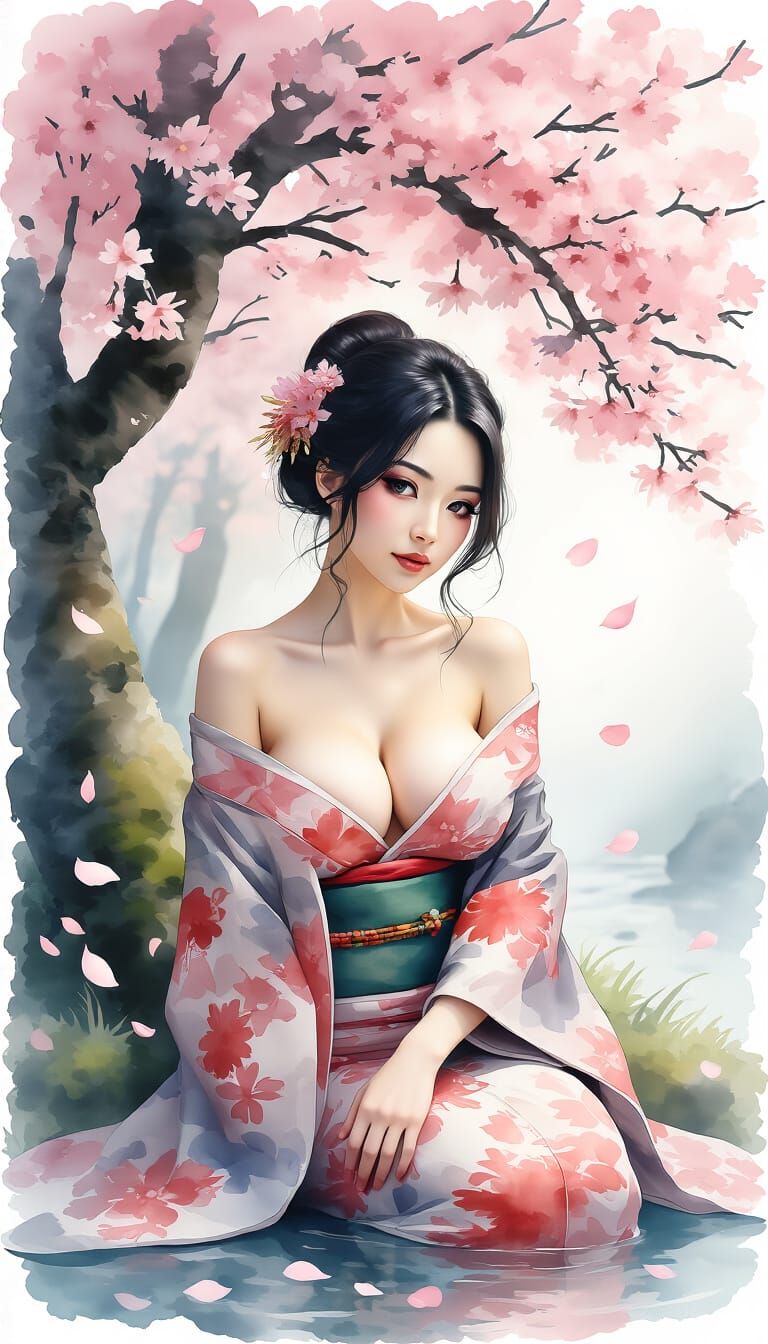 Sensual Japanese Woman Under Sakura Tree in Watercolor Style