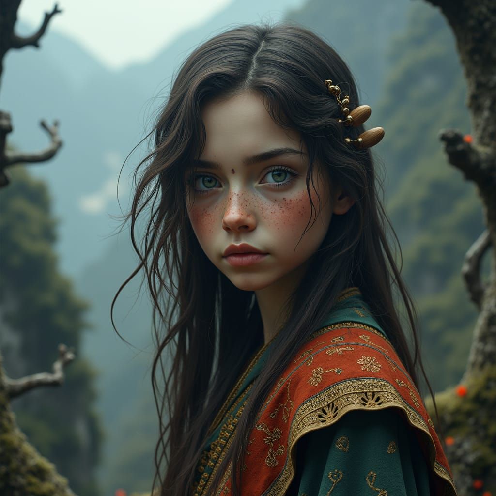 Mystical Girl with Freckles in Ethereal Landscape