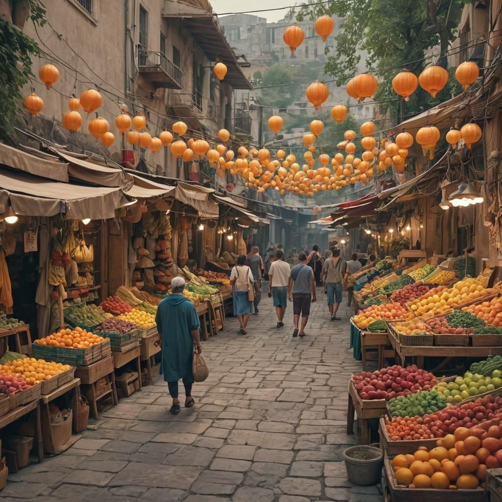 Vibrant Fruit Market in Athens: Fantastical Concept Art