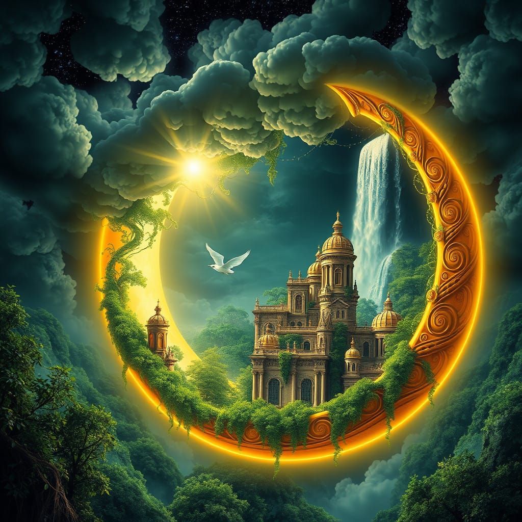 Golden Crescent Moon Envelops a Vibrant Cityscape in Baroque...