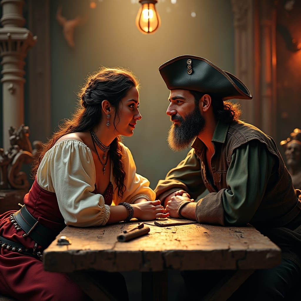 Pirate Woman at Table: Hyperrealistic Portrait