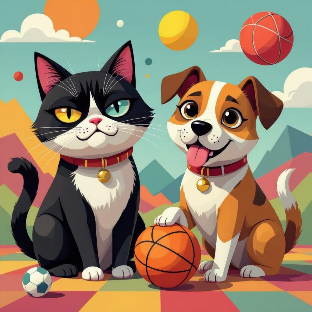 Whimsical Pets Play Sports in Neo-Cubist Style