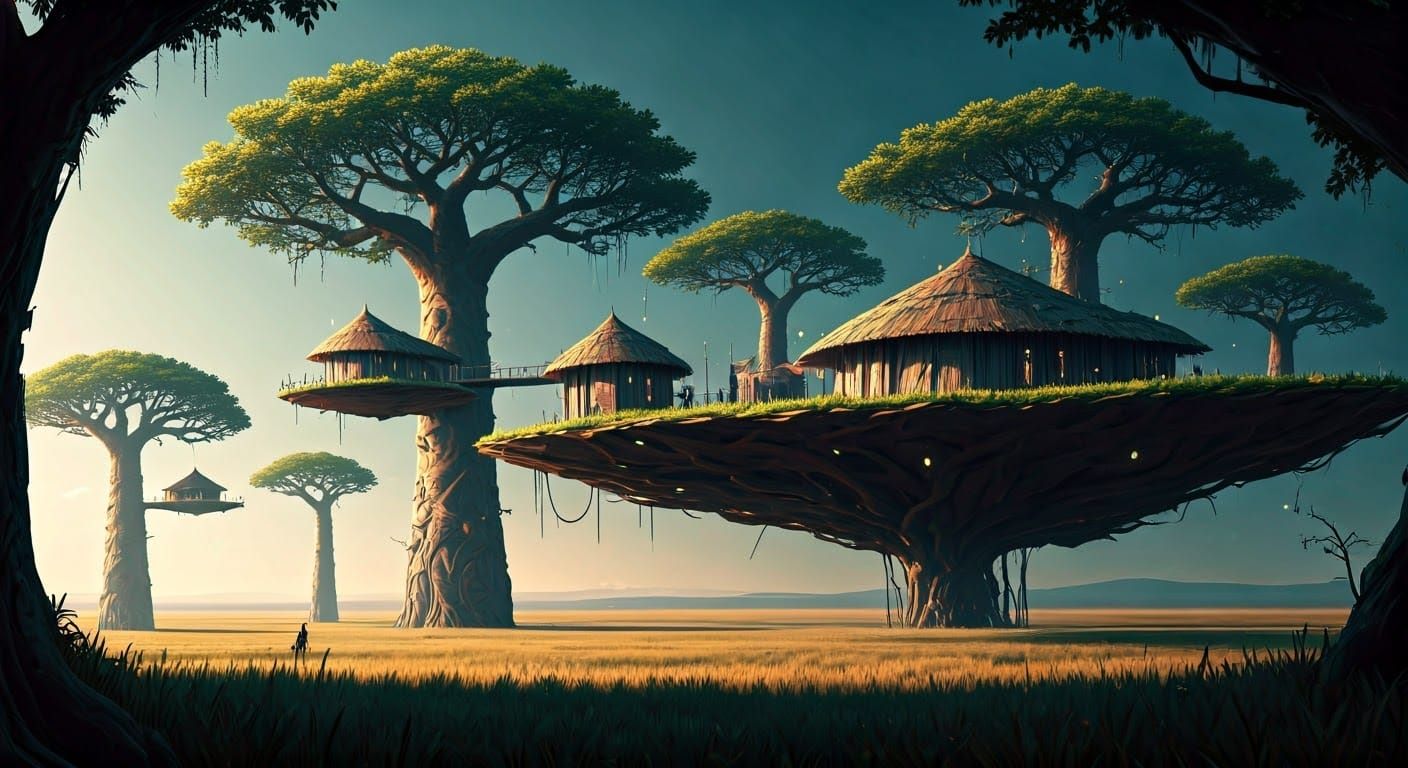 Surreal Futuristic Village Over Serengeti Plains