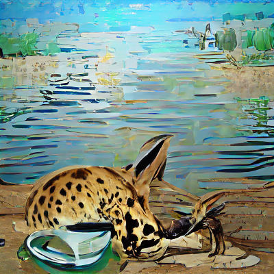 Serval Drinking Water by Calm Lake