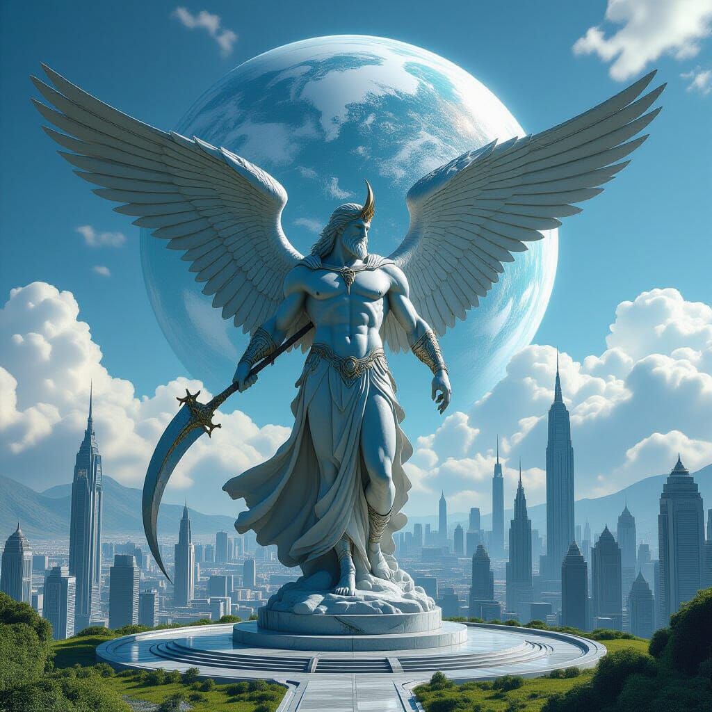 Kronos Sculpture in Futuristic Cityscape