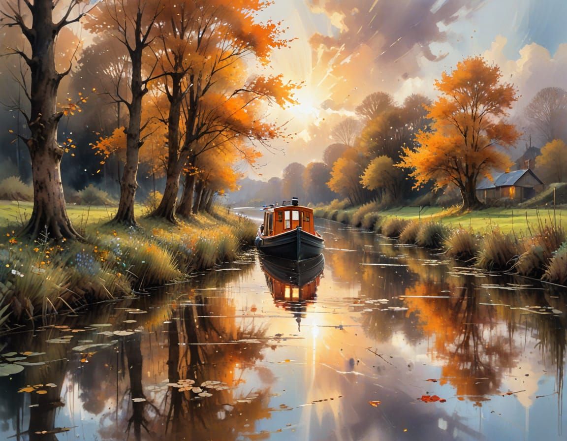 Narrowboat on Autumn Canal with Golden Hour Light