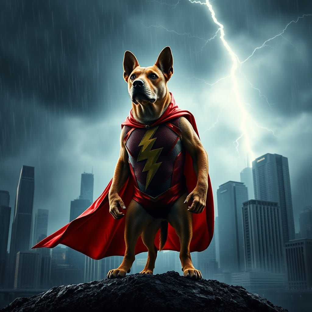 Cyberpunk Canine Superhero Defies Stormy City
