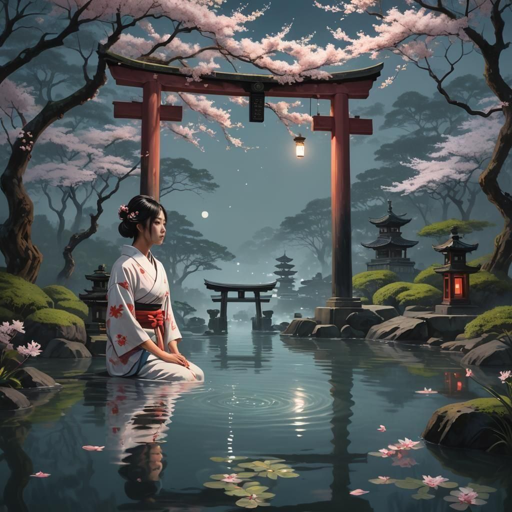 Japanese Girl Bathed in Moon Light: Fantasy Art