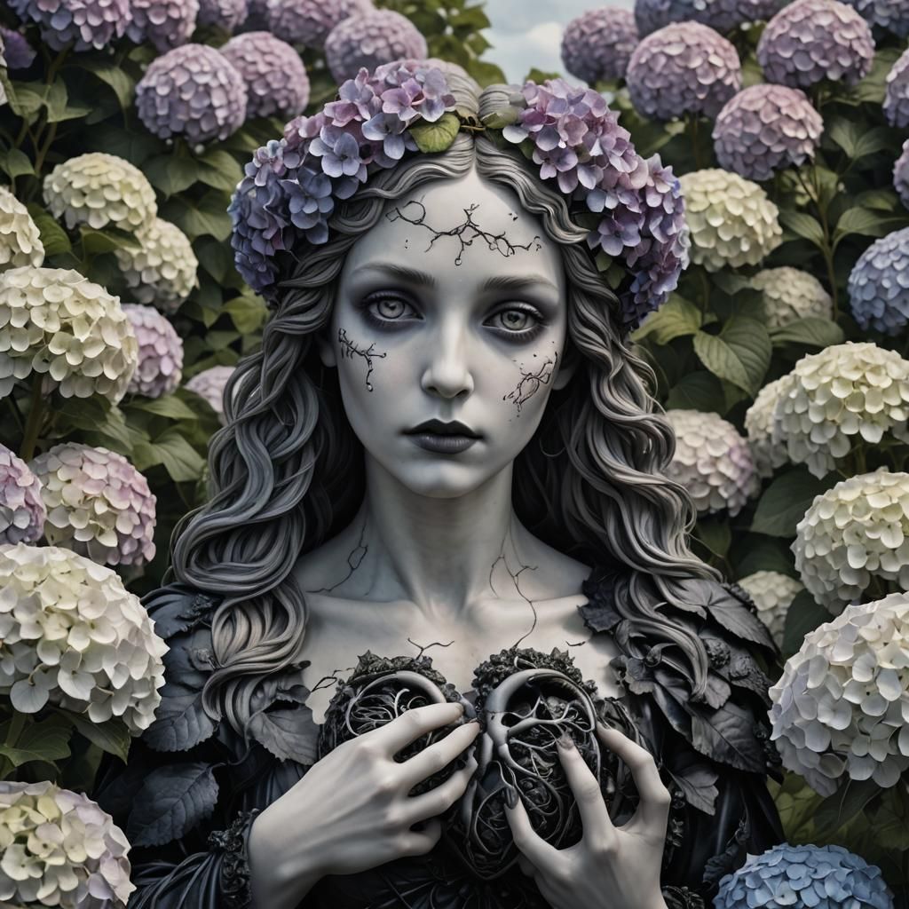Gothic Aphrodite in Hydrangea Field with Heart