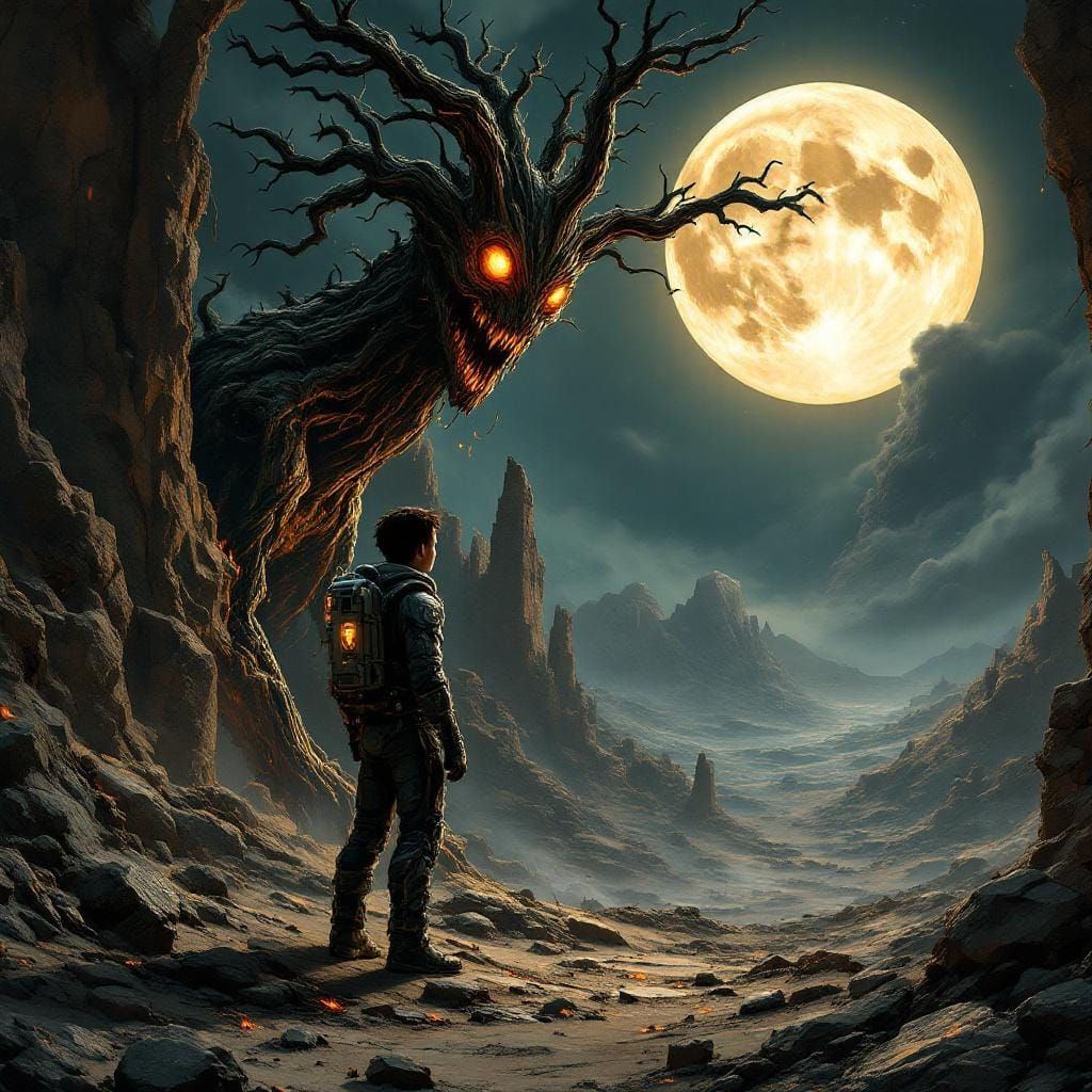 Demigod Astronaut in Cyberpunk Horror Landscape