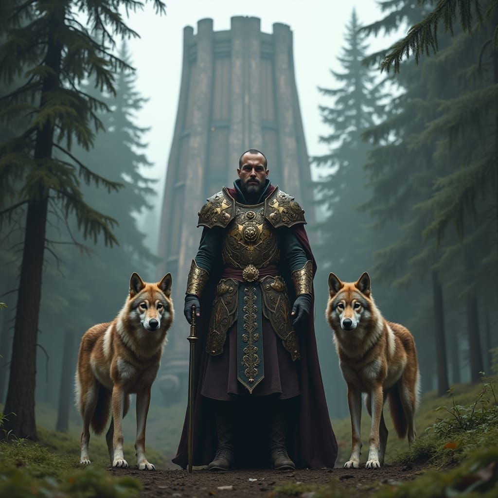 General in Steampunk Armor with Wolves in Forest