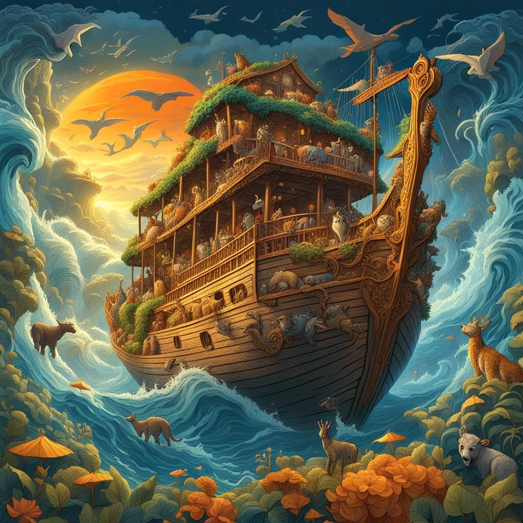 Noah's Ark in Stormy Seas: Fantasy Art
