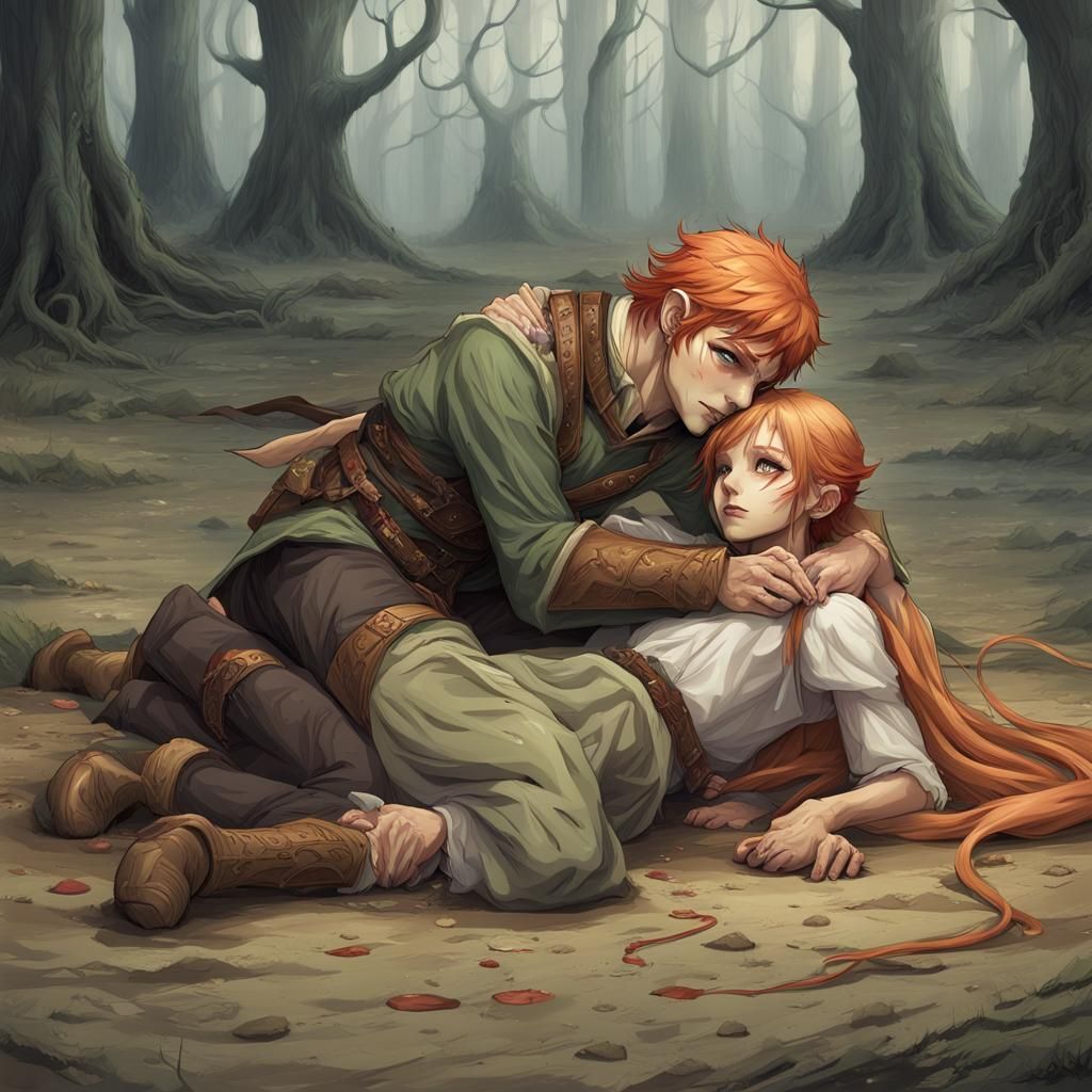 Devastated Elf Woman Kneeling Over Dead Man